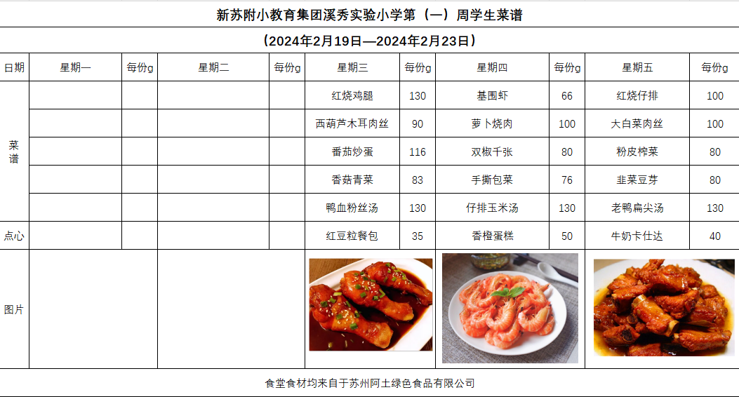 新苏附小教育集团溪秀实验小学2023-2024学年第二学期第（一）周学生菜单