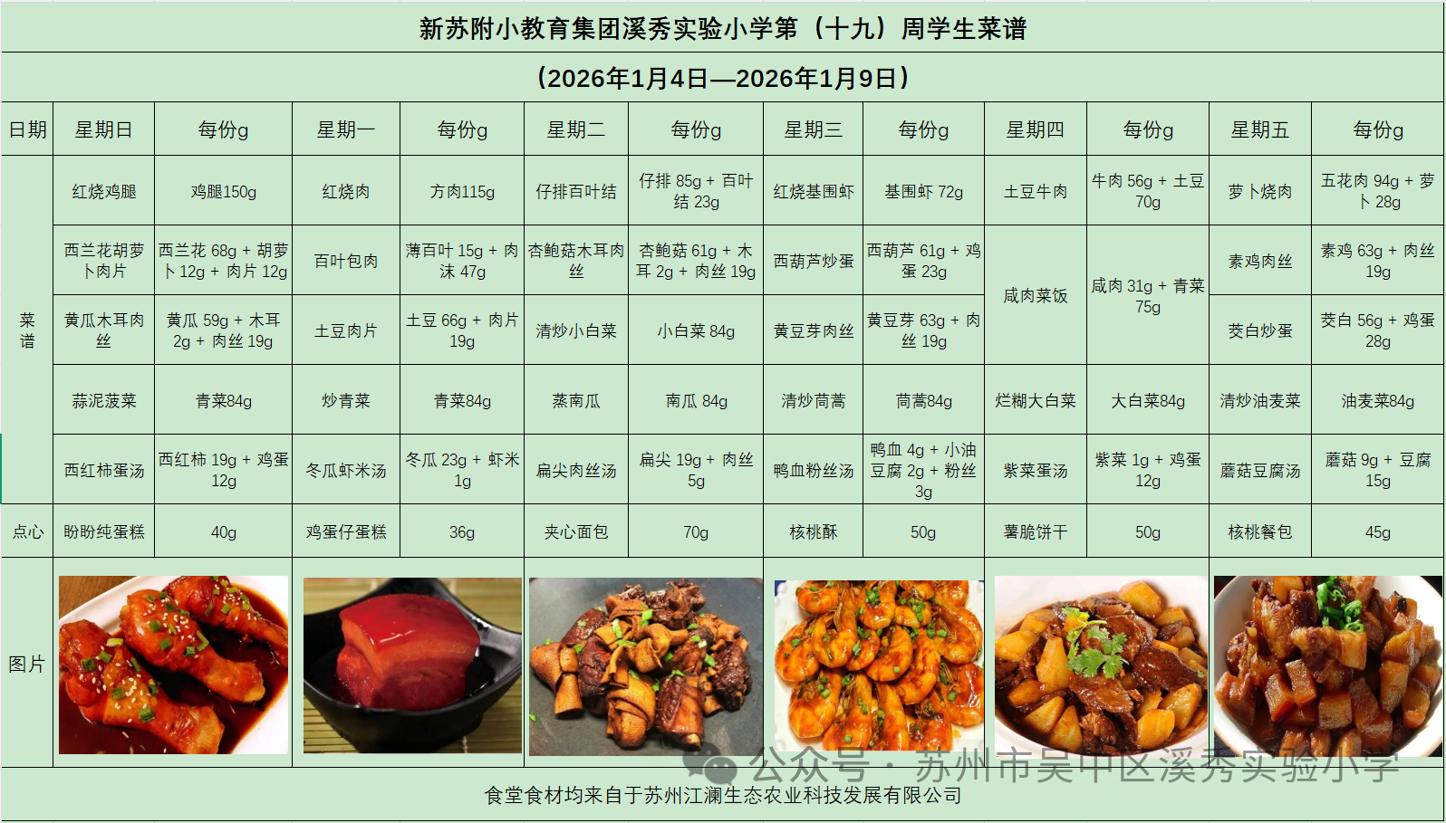 新苏附小教育集团溪秀实验小学2025-2026学年第一学期第（ 十九）周菜谱