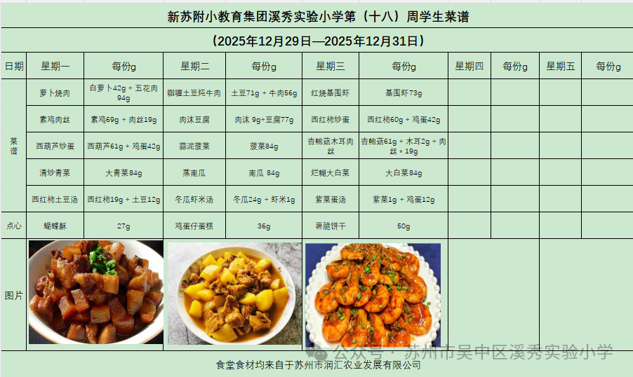新苏附小教育集团溪秀实验小学2025-2026学年第一学期第（ 十八）周菜谱